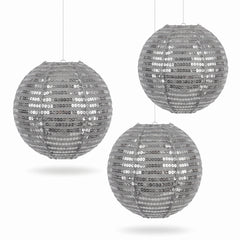 Silver Sequin Fabric Lanterns - 9.5 In. | Set of 3