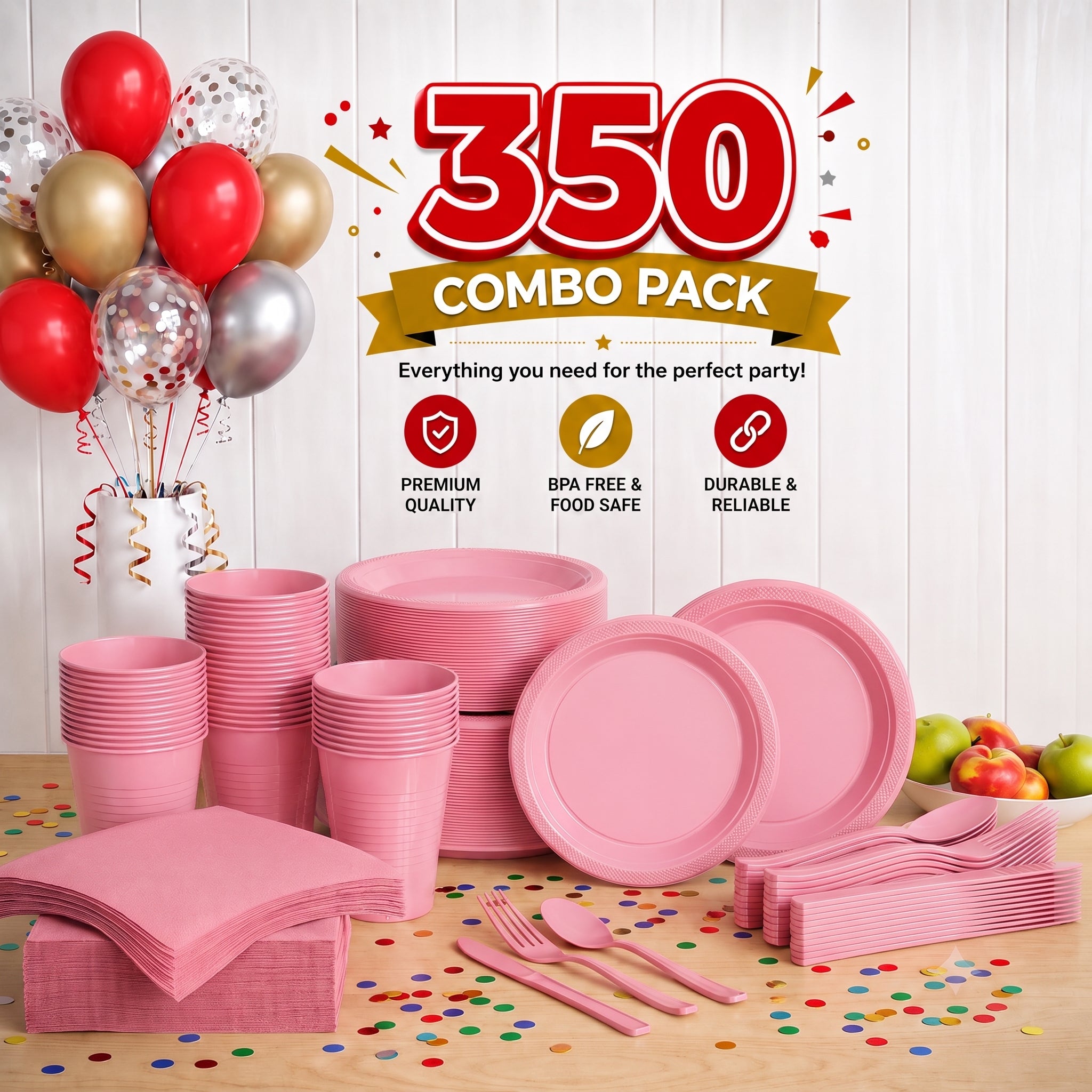 350 Pcs Pink Plastic Disposable Tableware Set