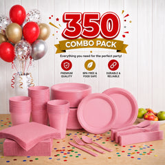 350 Pcs Pink Plastic Disposable Tableware Set
