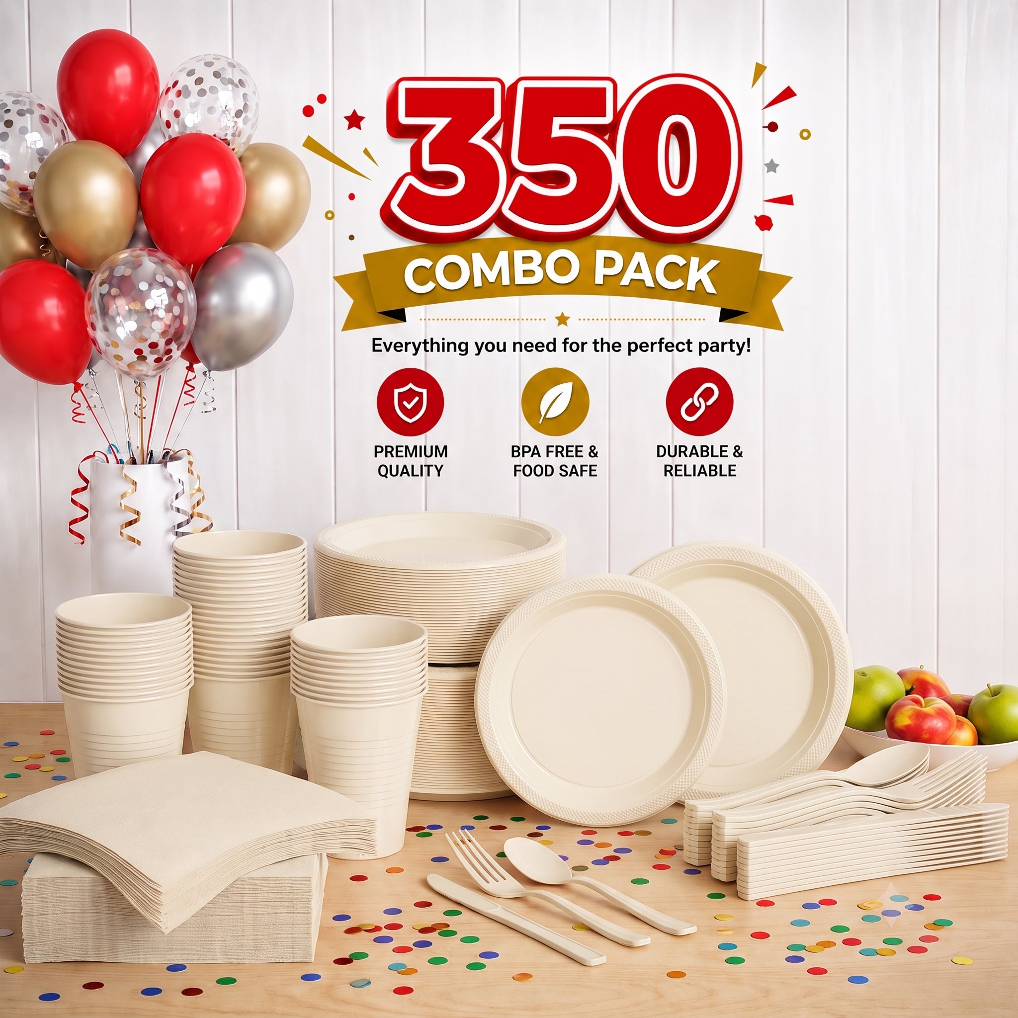 350 Pcs Ivory Plastic Disposable Tableware Set