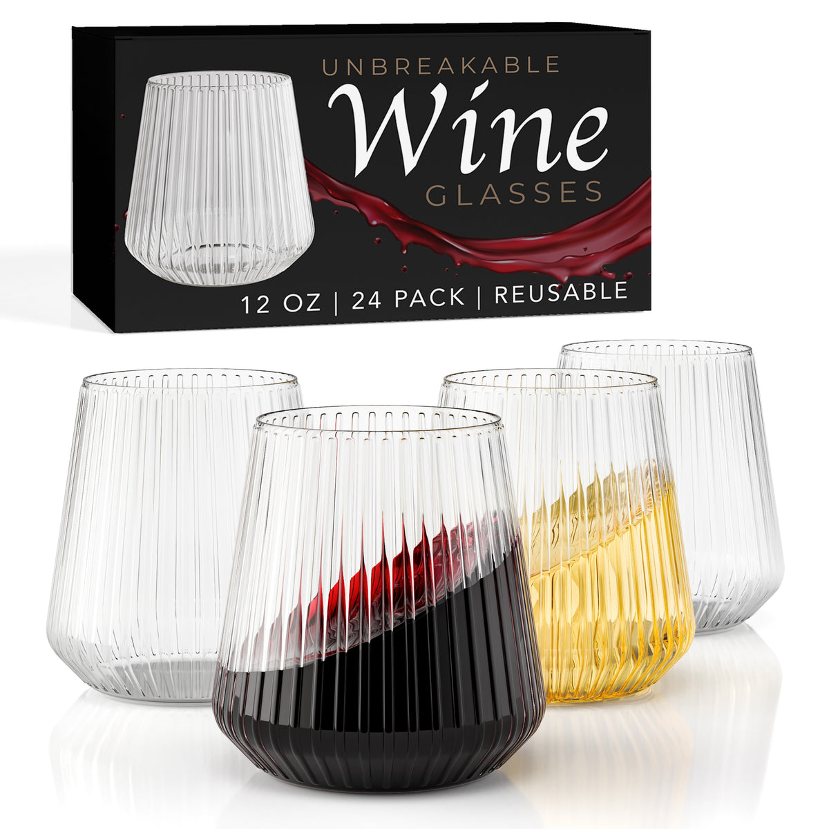 12 Oz. Stemless Ridged Wine Tumbler 24 Count | Clear