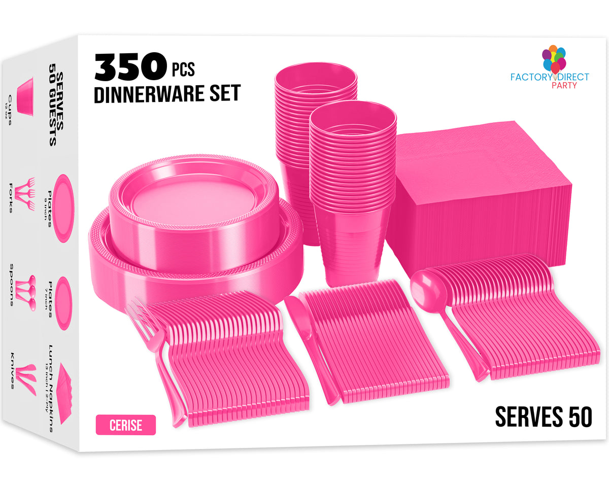 350 Pcs Hot Pink Plastic Disposable Tableware Set