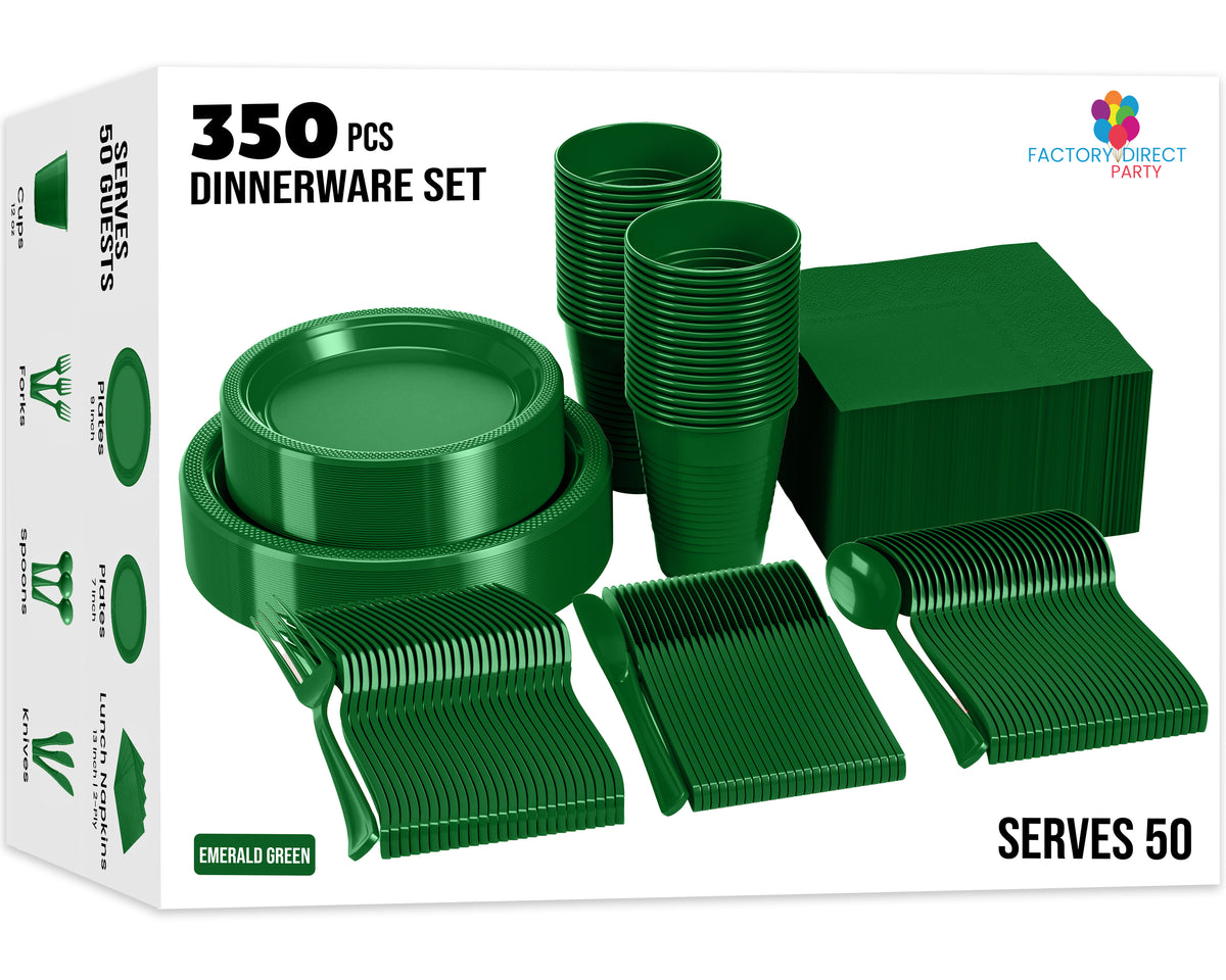 350 Pcs Emerald Green Plastic Disposable Tableware Set