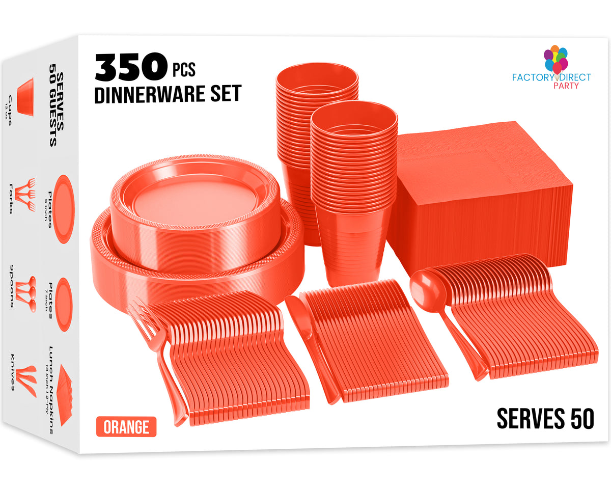 350 Pcs Orange Plastic Disposable Tableware Set