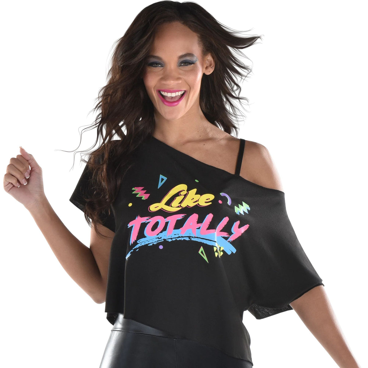 1980s "Like Totally" Off-Shoulder Graphic Crop Top - Adult One Size