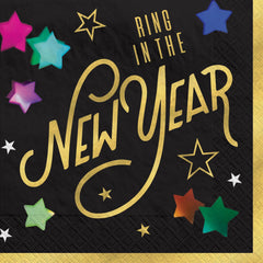 Starlight "Ring in the New Year" Beverage Napkins, Black/Gold, 40-Pack - 5 In. X 5 In.