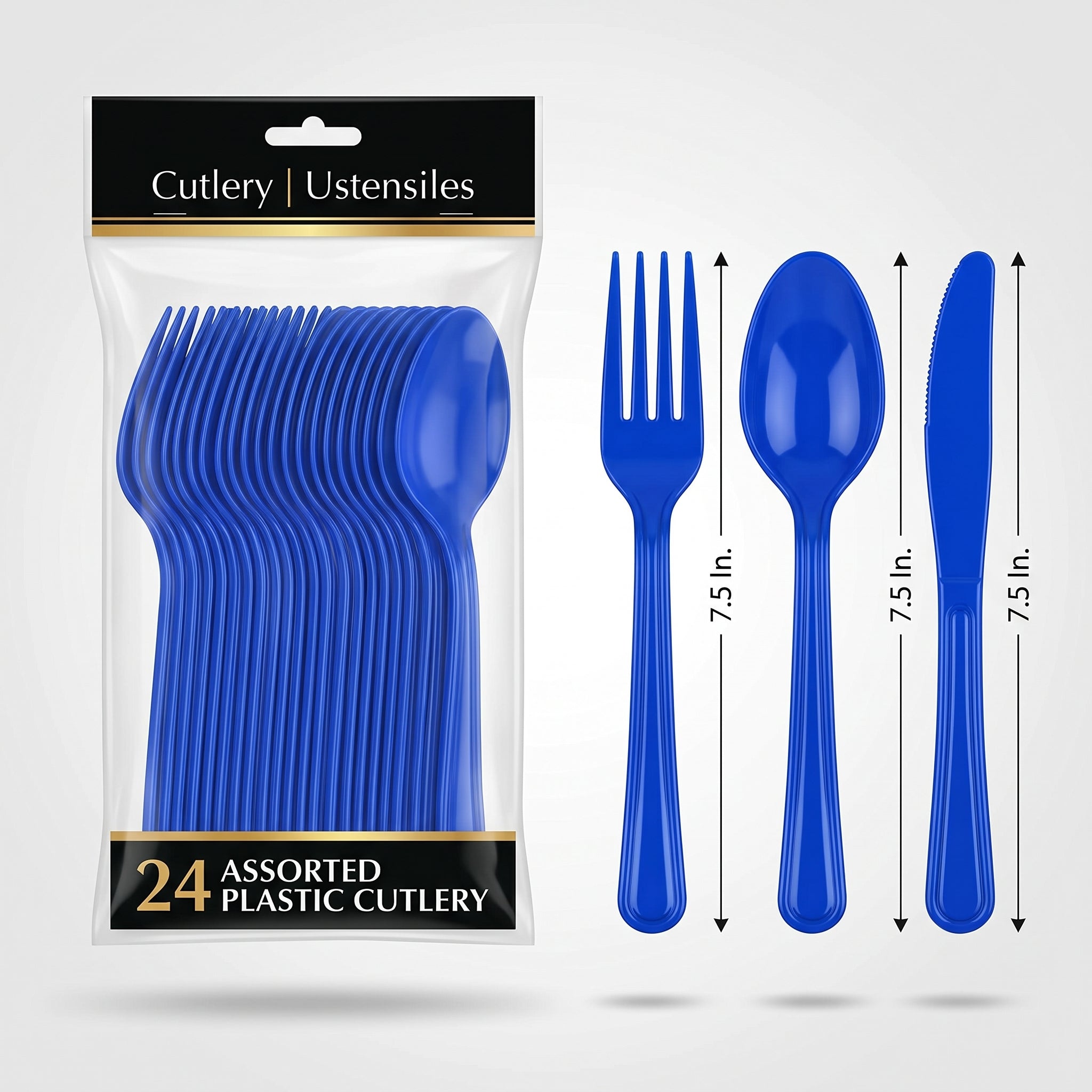 Bright Royal Blue Assorted Plastic Cutlery Set - 7.5 in. - 24 Pack