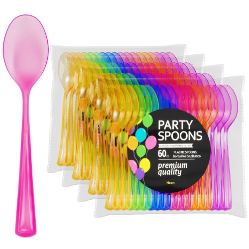 Heavy Duty Neon Plastic Spoons | 60 Count