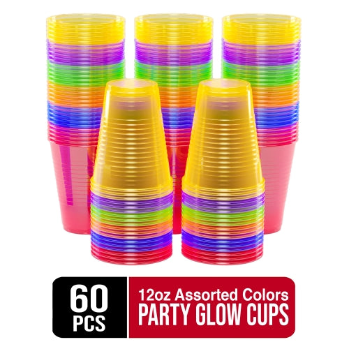 12 Oz. Neon Assorted Color Plastic Cups | 60 Count