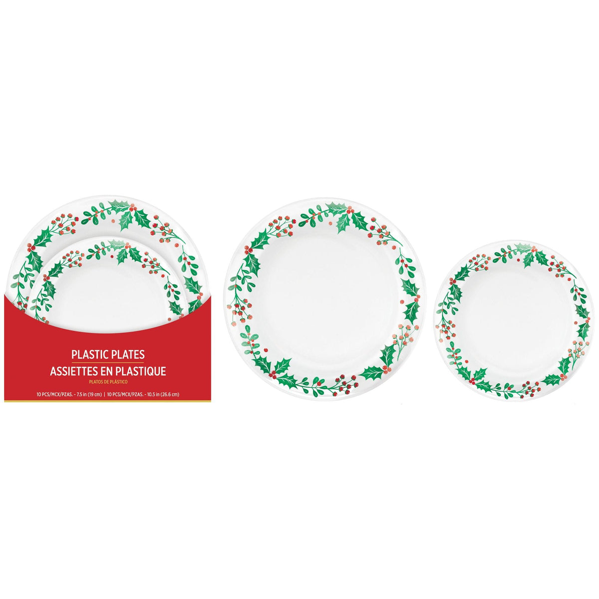 Christmas White Holly Plastic Plates Multipack, 20-Count