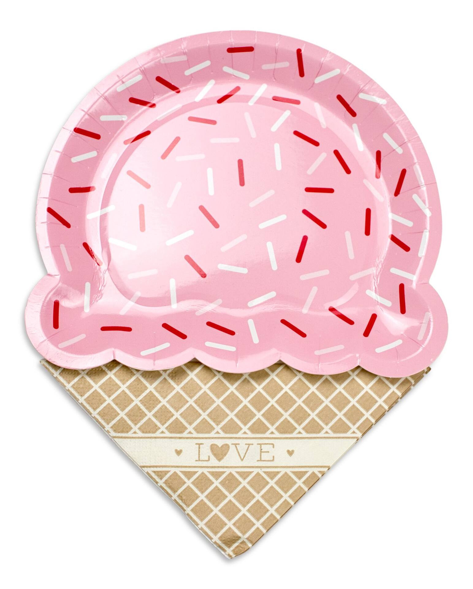 Valentine's Day Ice Cream Cone Plate and Napkin Set - 16 Pieces