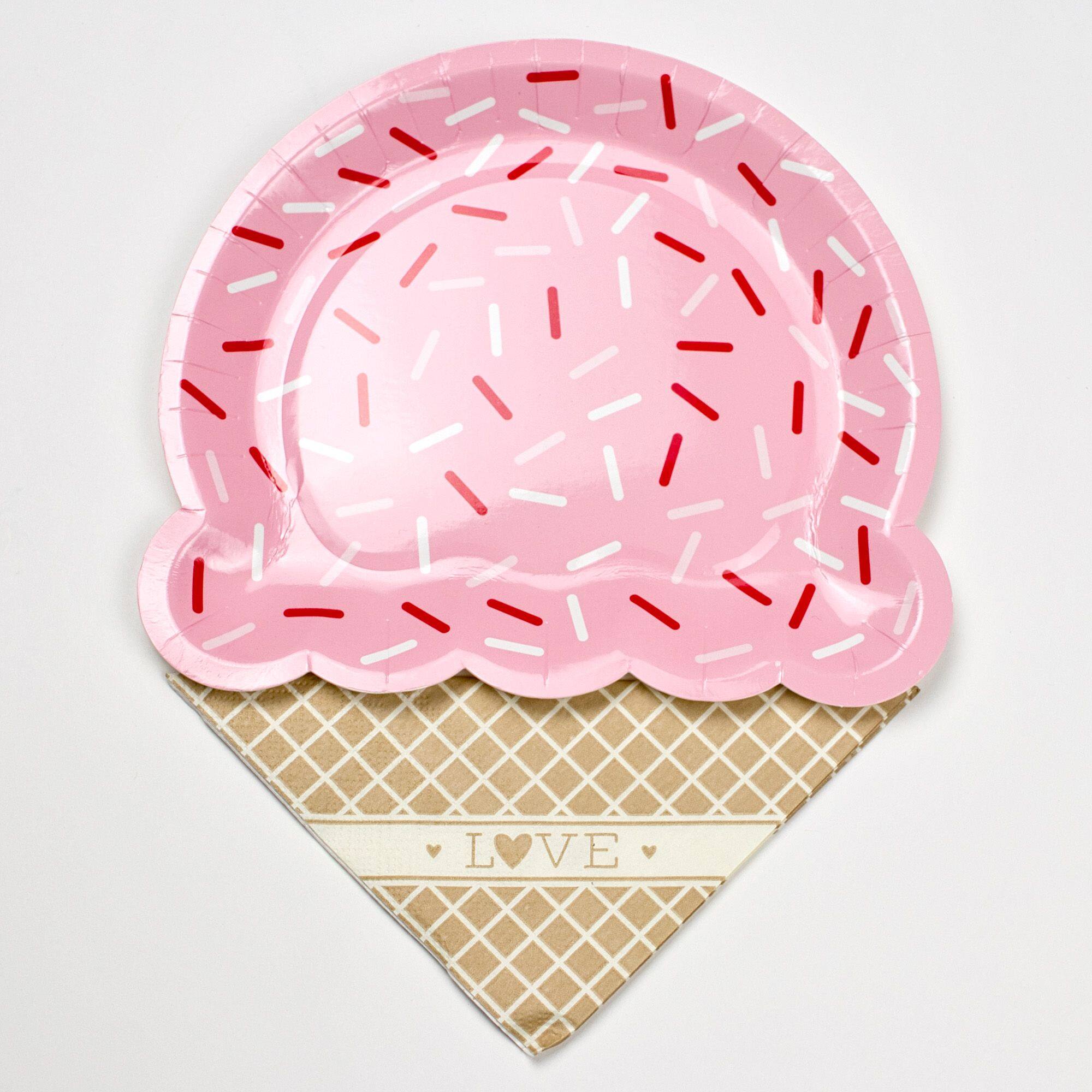 Valentine's Day Ice Cream Cone Plate and Napkin Set - 16 Pieces