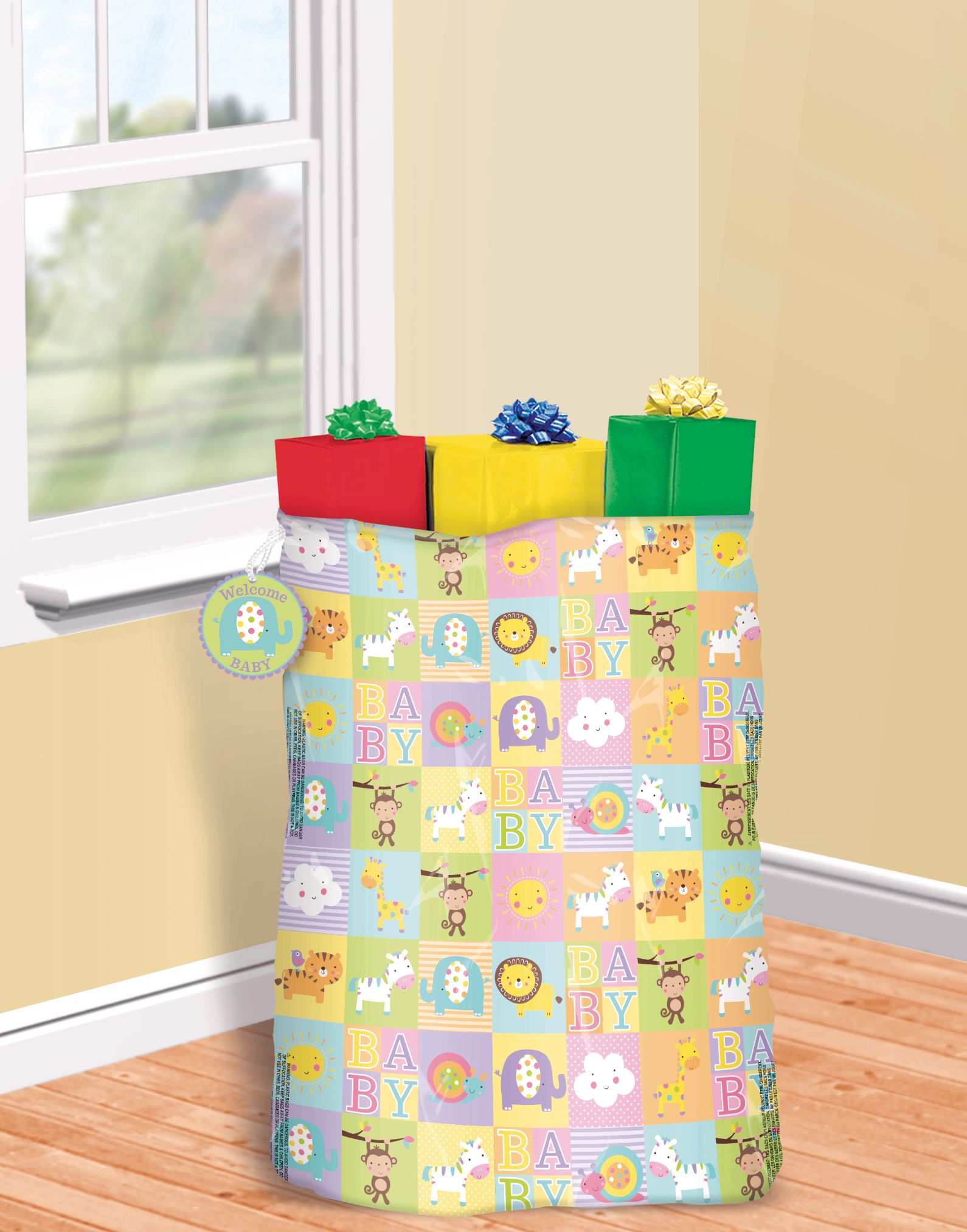 Adorable Animal Baby Shower Gift Sack with "Welcome Baby" Tag