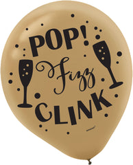 "Pop Fizz Clink" New Year's Eve Latex Balloons - Black, Gold & Silver, 12-Inch, 15-Pack