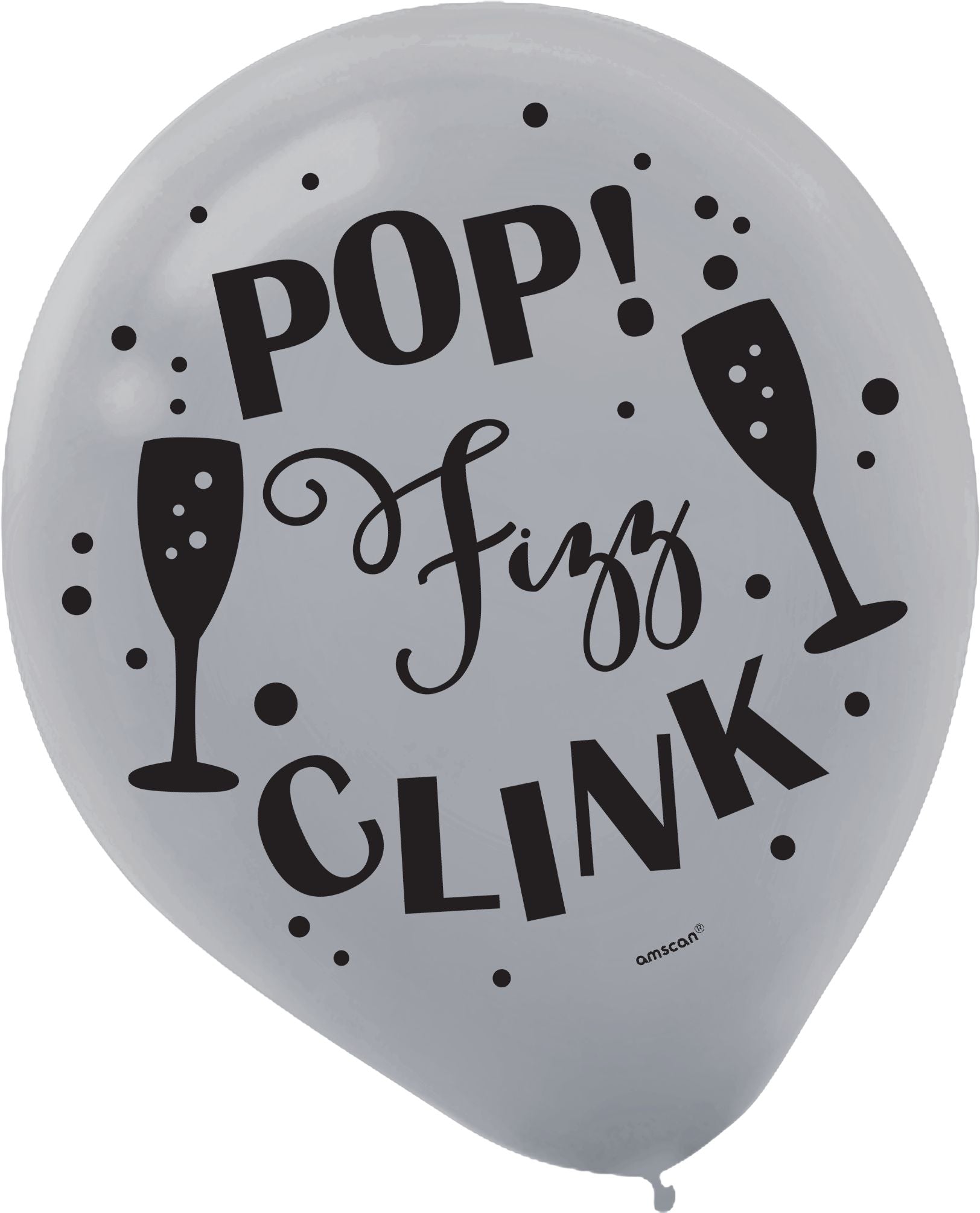 "Pop Fizz Clink" New Year's Eve Latex Balloons - Black, Gold & Silver, 12-Inch, 15-Pack