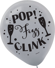 "Pop Fizz Clink" New Year's Eve Latex Balloons - Black, Gold & Silver, 12-Inch, 15-Pack