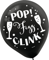 "Pop Fizz Clink" New Year's Eve Latex Balloons - Black, Gold & Silver, 12-Inch, 15-Pack