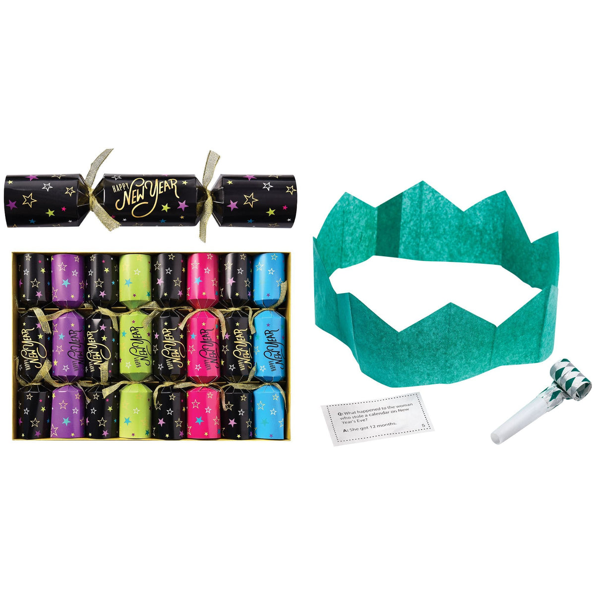 Starlight New Year's Eve Party Crackers with Paper Crown & Joke - 8 Pack