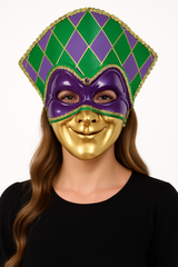 Vibrant Mardi Gras Jester Mask with Gold Trim