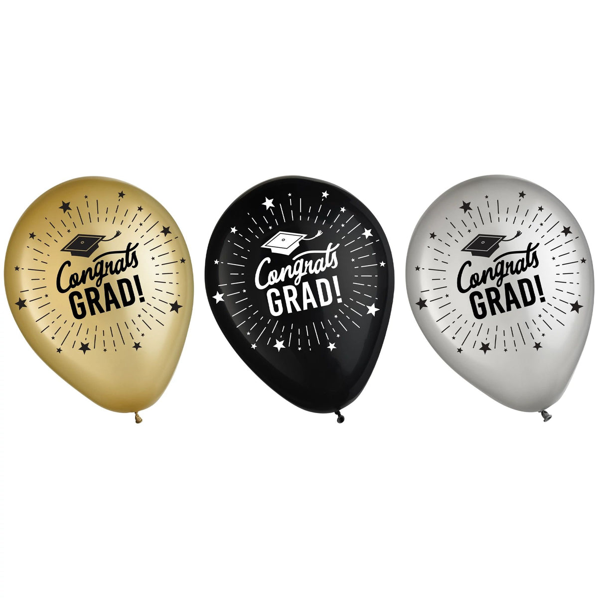 Class 101 - Congrats Grad Printed Latex Balloons for Graduation Party, Black/Gold/Silver, 12-in, 15-pk