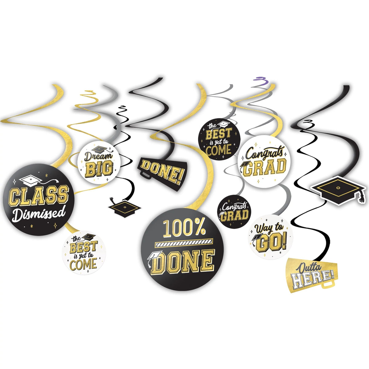 Class 101 - "Congrats Grad" Swirl Hanging Decorations, Black/Gold, 10-in, 12-pk, for Graduation