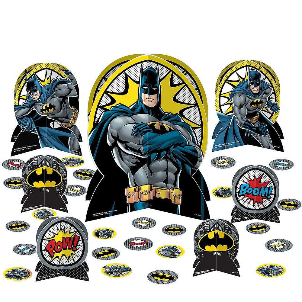 Little Gym - DC Justice League Batman Table Decorating Kit Centerpieces with Confetti, Black/Yellow, 12 In. for Birthday Party - 27 Ct.