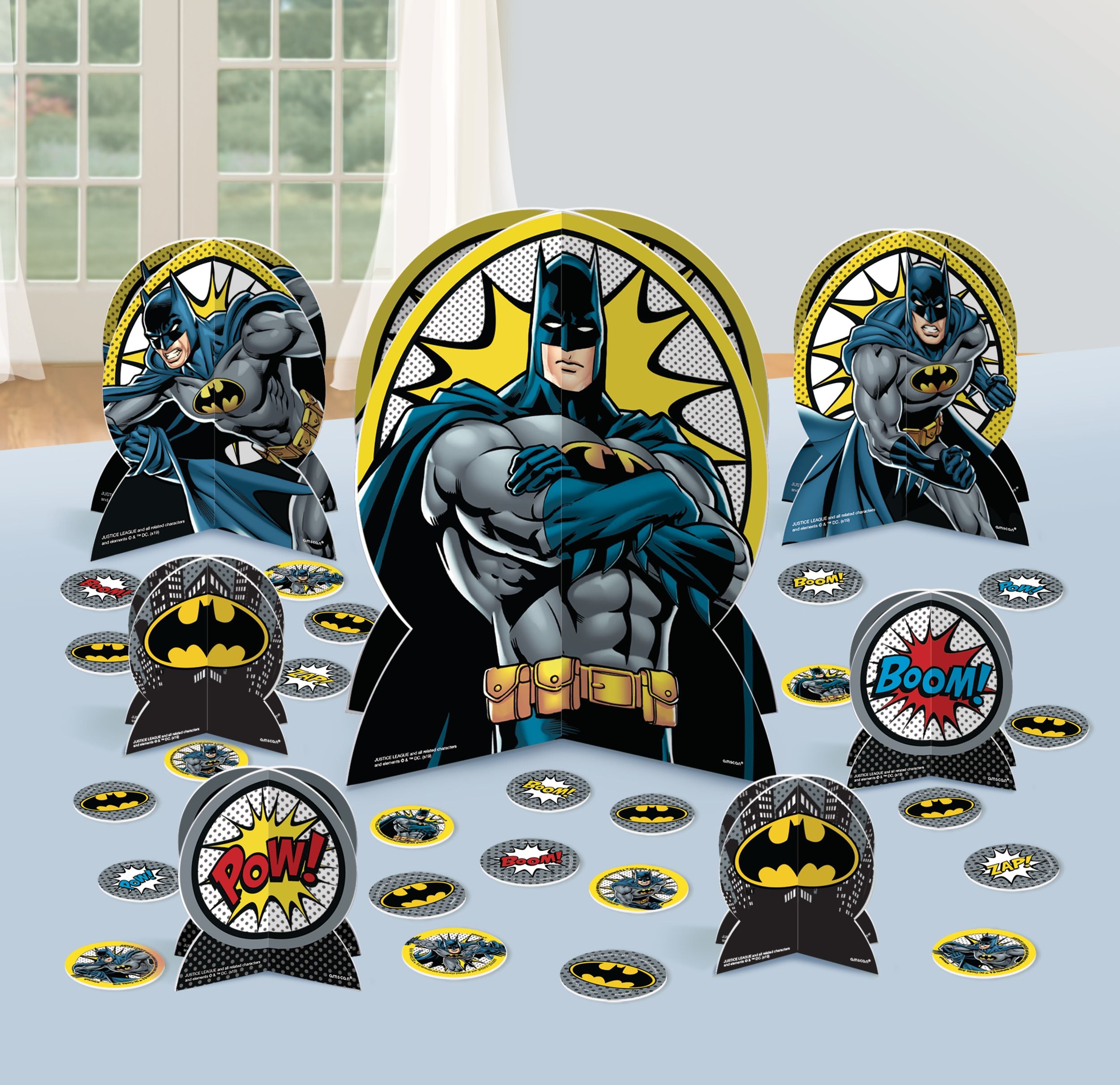 Little Gym - DC Justice League Batman Table Decorating Kit Centerpieces with Confetti, Black/Yellow, 12 In. for Birthday Party - 27 Ct.