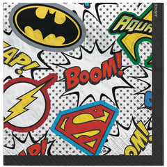 Little Gym - DC Justice League "Zap! Boom! Pow!" Square Paper Disposable Beverage Napkins, White/Red/Yellow, 5-in, 2-ply, for Birthday Party - 16 Ct.