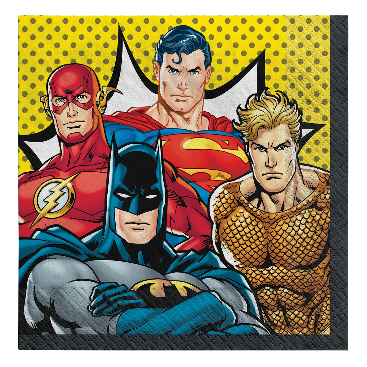 Little Gym - DC Justice League Batman/Superman/Aquaman/Flash Square Paper Disposable Lunch Napkins, Multi-Coloured,  6.5-in, 2-ply, for Birthday Party - 16 Ct.