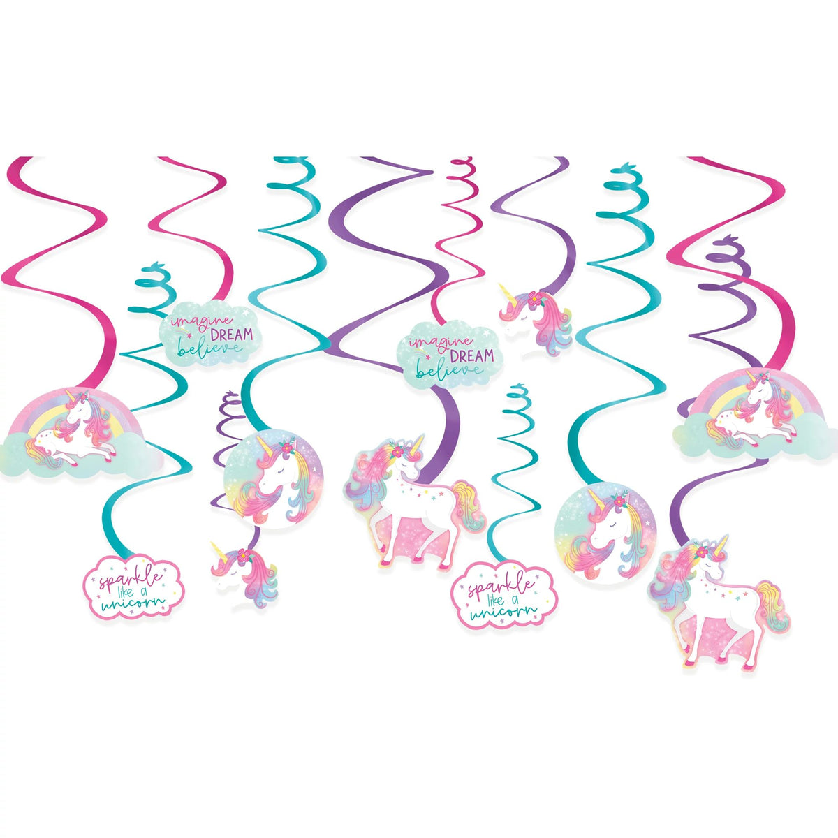Little Gym - Unicorn "Imagine Dream Believe" Swirl Hanging Decorations, Pink/Blue, 10-in, for Birthday Party - 12 Ct.