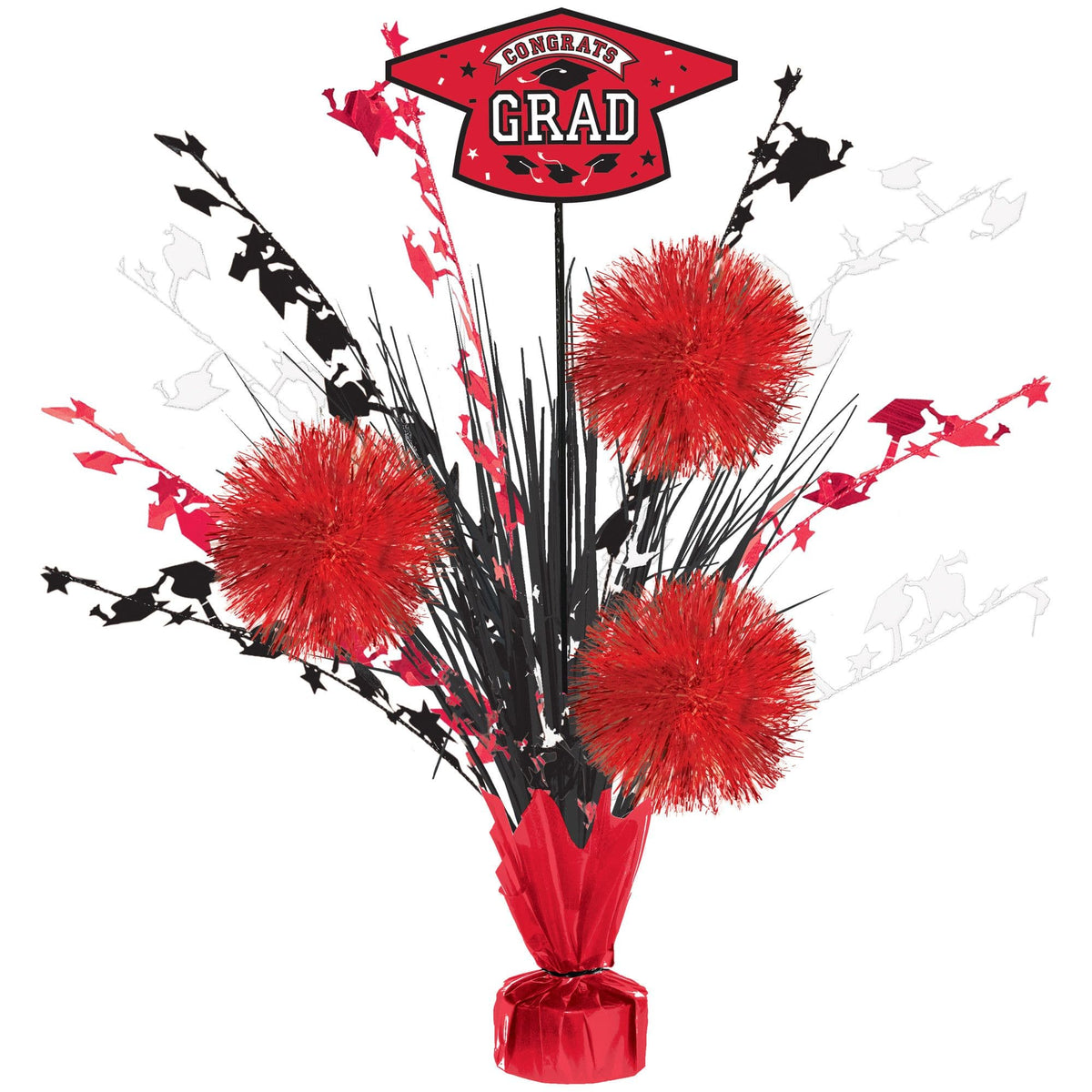 Class 101 - Red Graduation Tinsel Burst Centerpiece with "Congrats Grad" Sign
