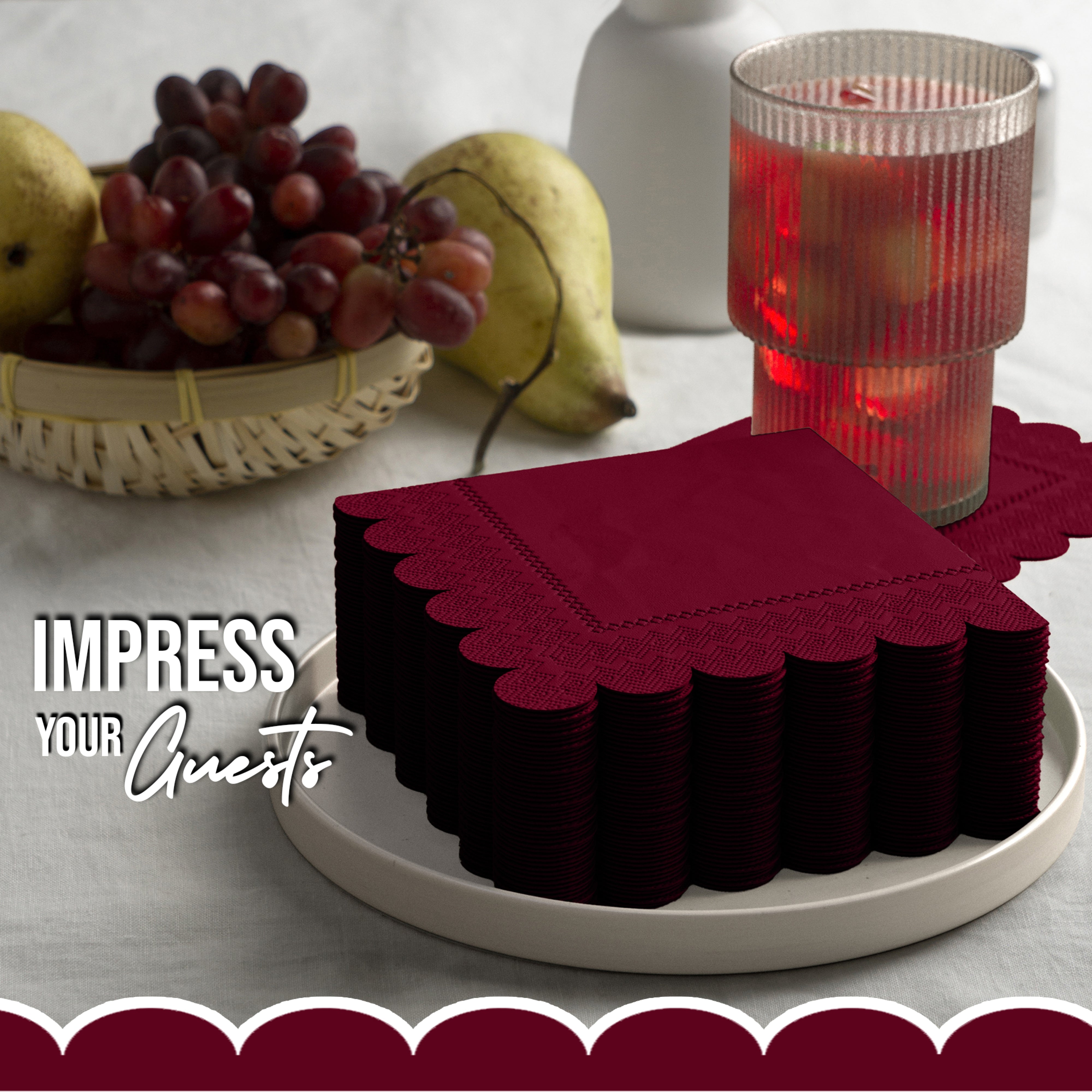 Burgundy Scallop Beverage Napkins - 50 Ct.