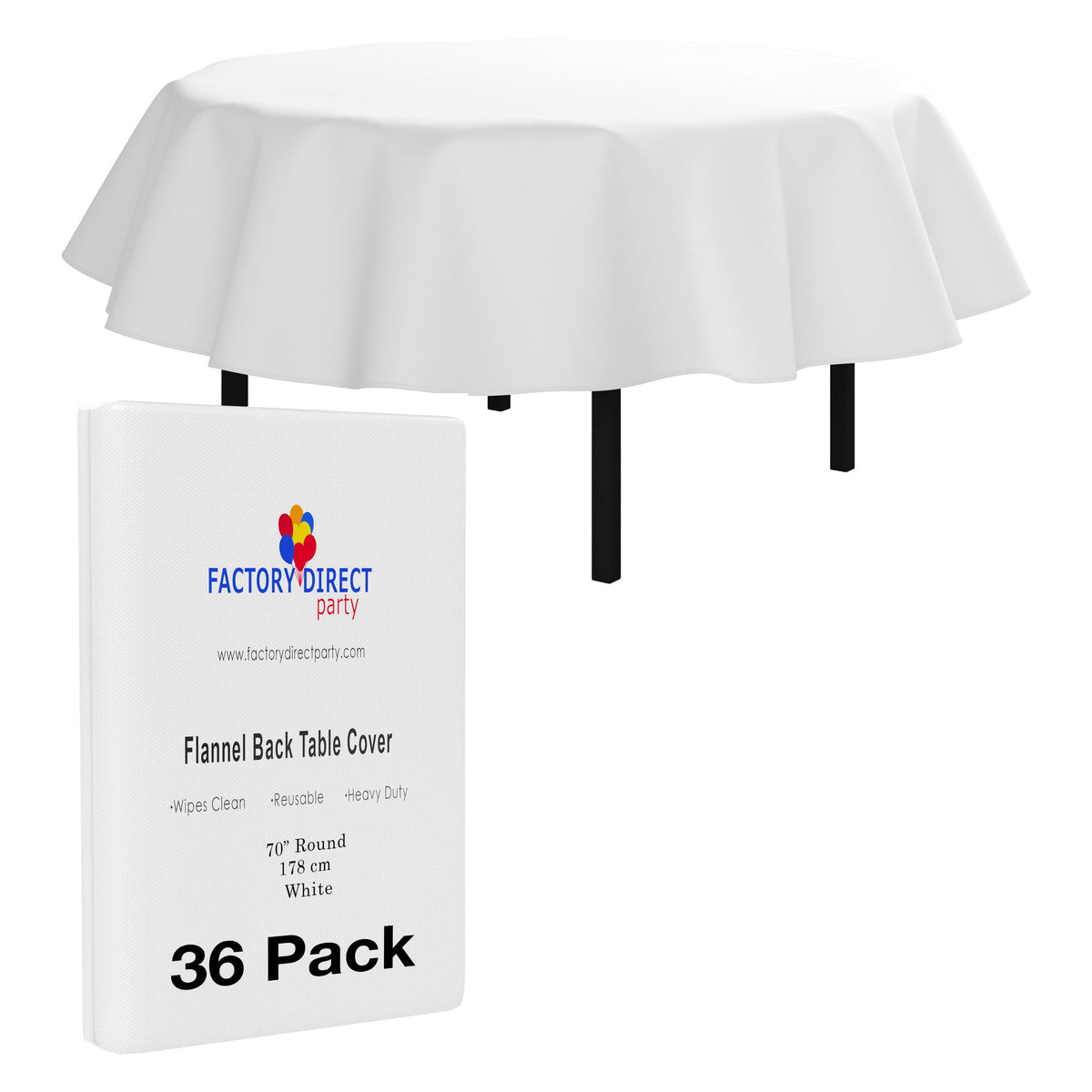 White Flannel Backed Plastic Table Cover 70 In. Round | Case of 36