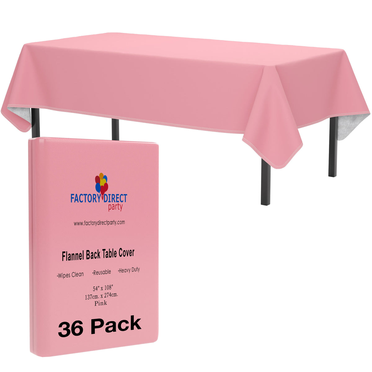 Pink Flannel Backed Plastic Table Cover 54 In. x 108 In. | Case of 36