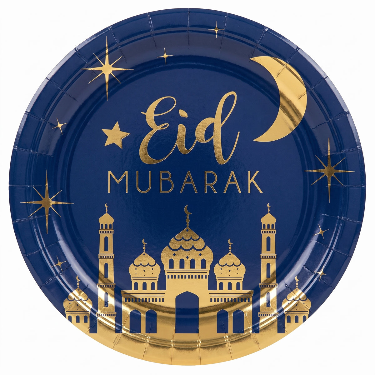 Eid Mubarak Round Plastic Serving Platter - Blue & Gold, 14"
