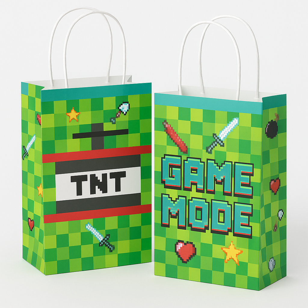 Pixel Party Kraft Gift Bags - "Eat Sleep Creep" Design, 8 Pack