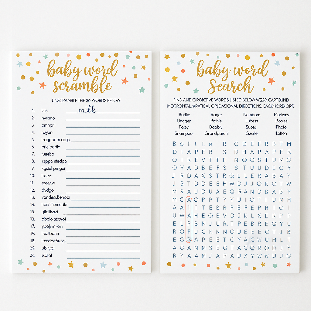 Baby Shower Word Scramble & Search Game Set