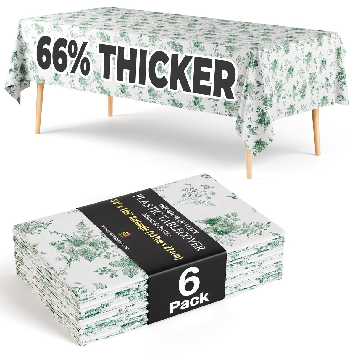 6 Pack Verdure Green Floral 66% Thicker Premium Table Cover | 54 in. x 108 in.