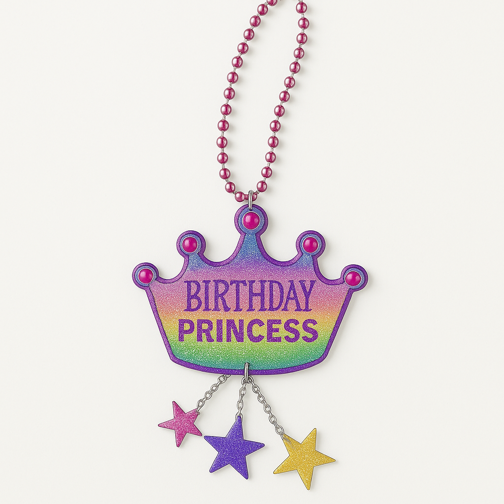 Glitter Pastel "Birthday Princess" Tiara Pendant Bead Necklace