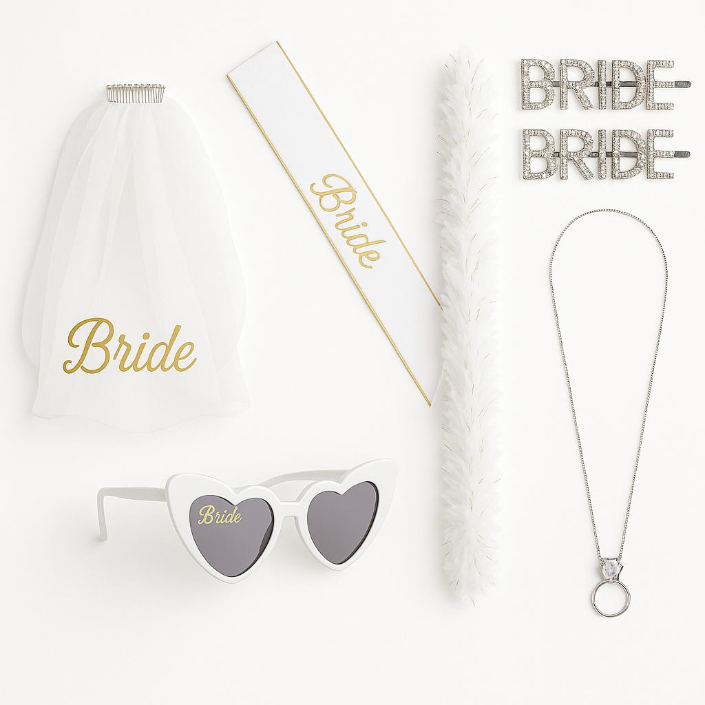 Complete Bride Accessory Kit with Veil, Sash, Sunglasses & More