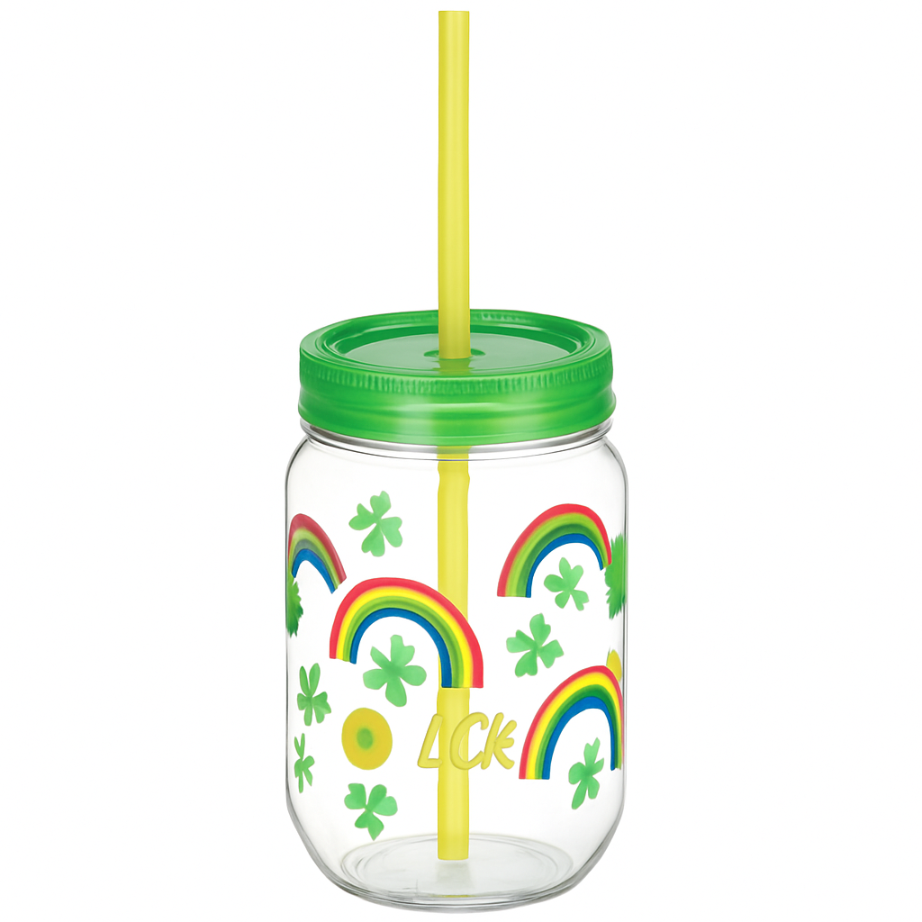 St. Patrick's Day Rainbow Mason Jar Cup with Straw - 400mL