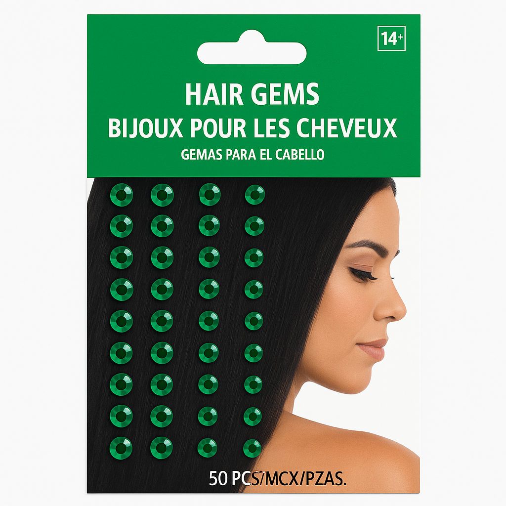 Festive Green Hair Gems Set - 50 Pieces
