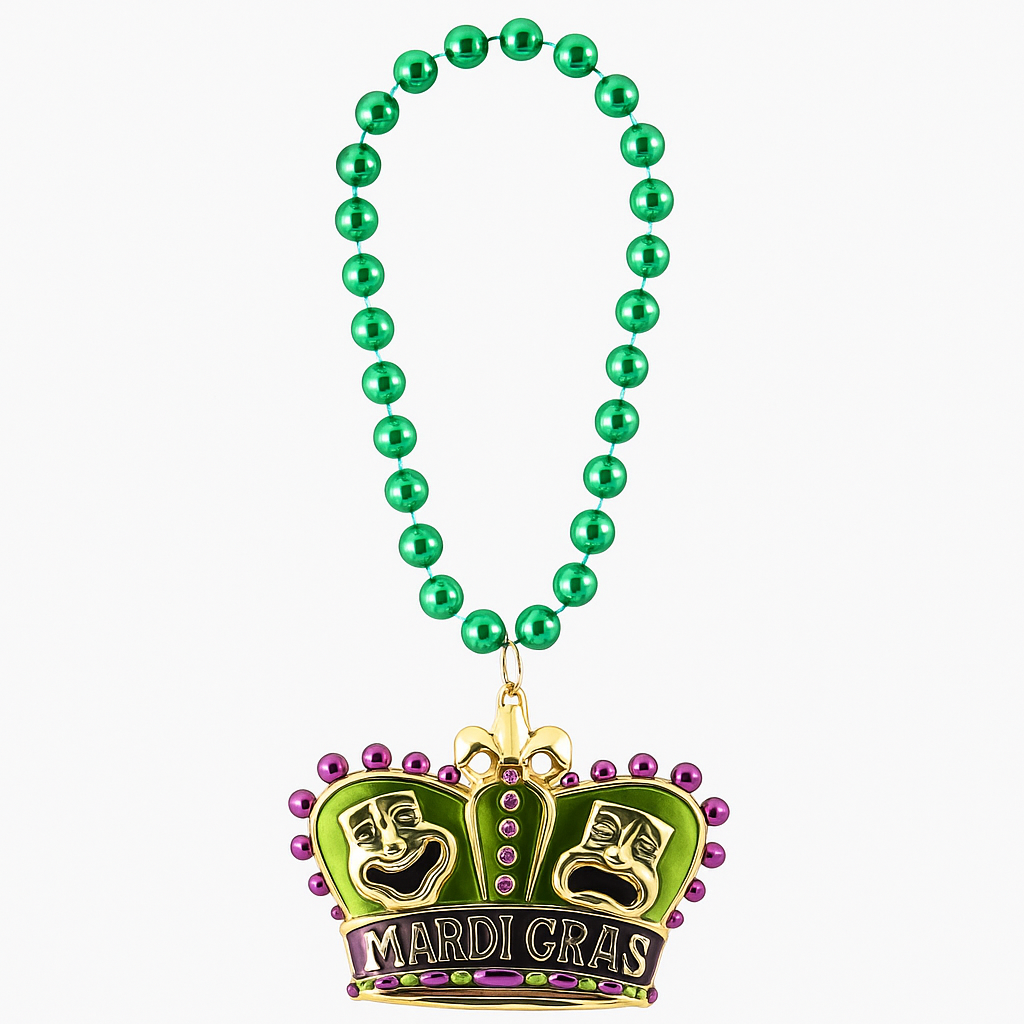 Mardi Gras Crown Pendant Bead Necklace - Gold, Green & Purple