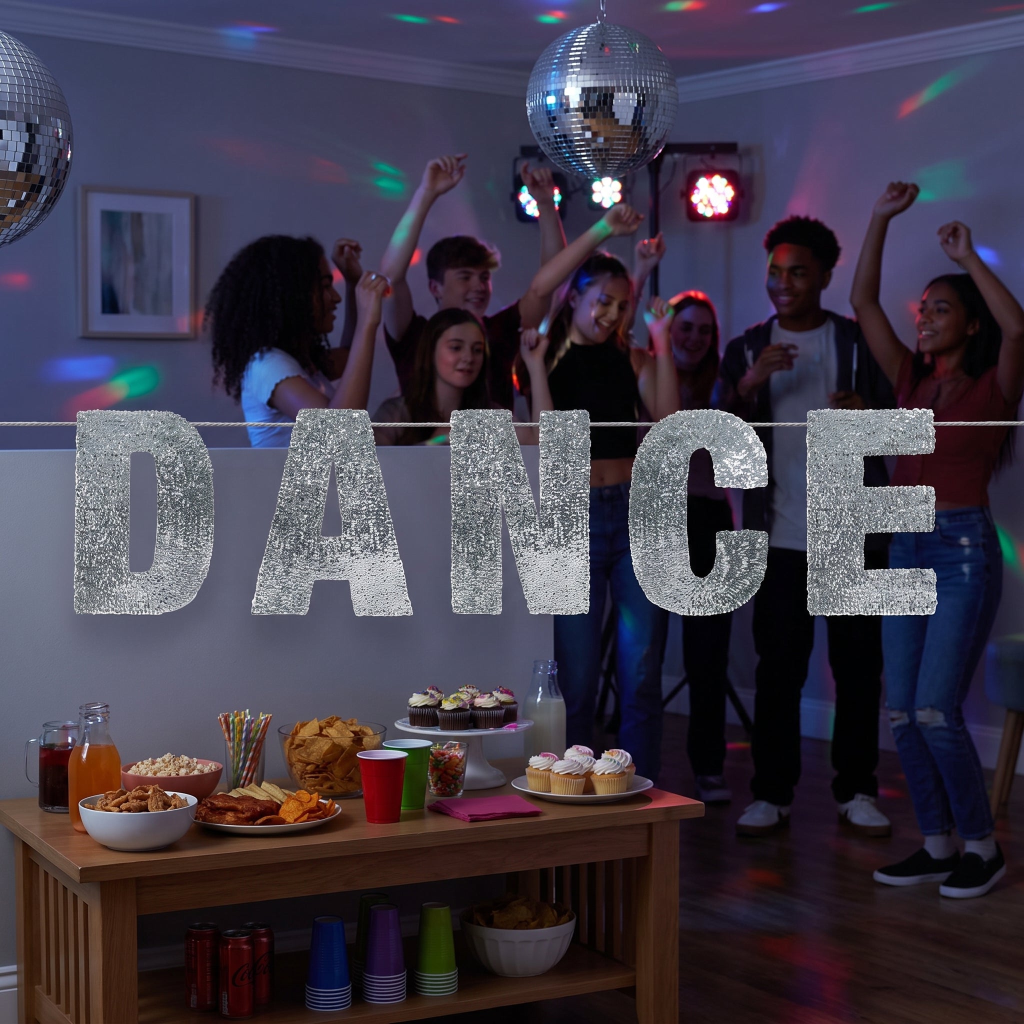 Silver Sequin "Dance" Hanging Banner for Birthday Celebrations