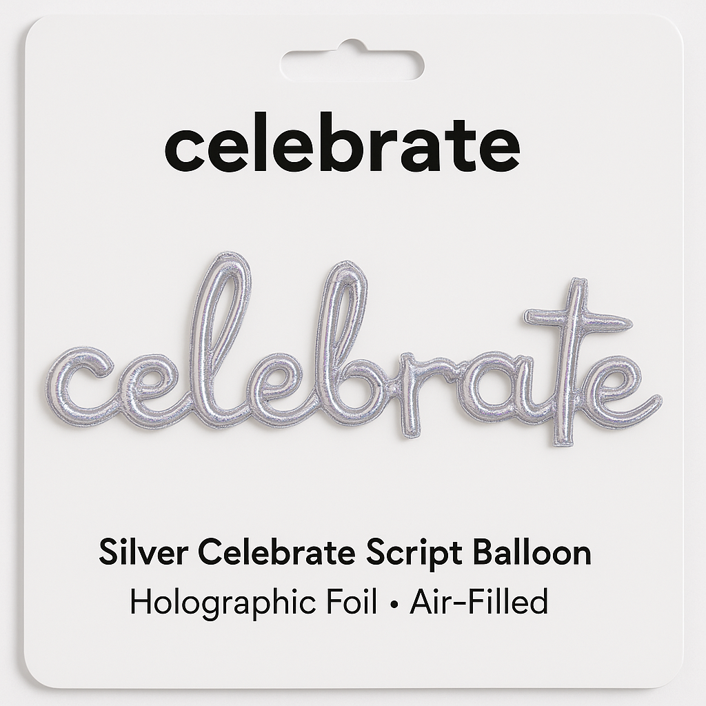 Silver "Celebrate" Script Balloon - Holographic Foil Air-Filled