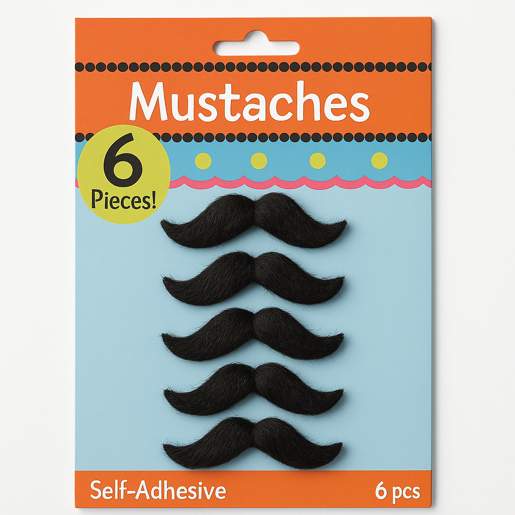 Self-Adhesive Black Handlebar Moustaches - 6 Pack