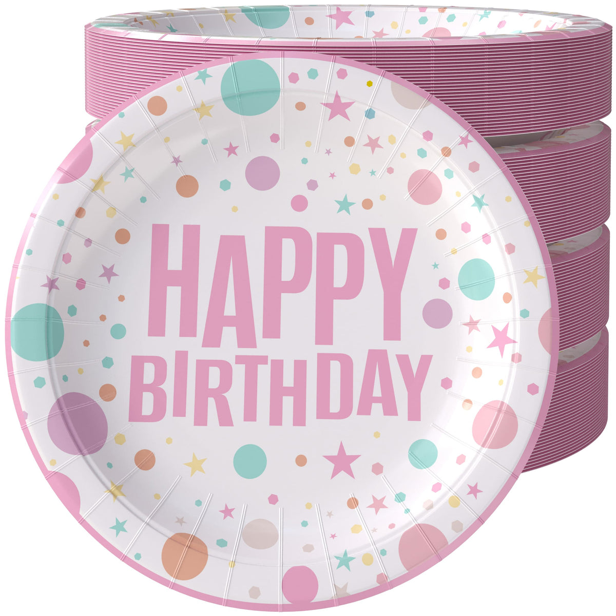 9 In. Pink Birthday Print Paper Plates - 50 Ct.| Case of 20