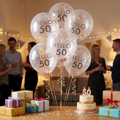 Vibrant Hello 50th Birthday Latex Balloons, Pink Confetti, 12-Inch, 5-Pack