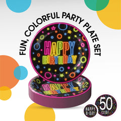 9 In. Neon Birthday Print Paper Plates - 50 Ct.