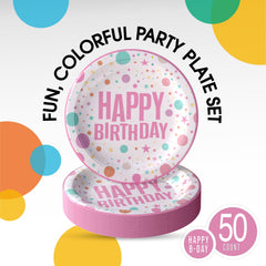 7 In. Pink Birthday Print Paper Plates - 50 Ct.| Case of 20